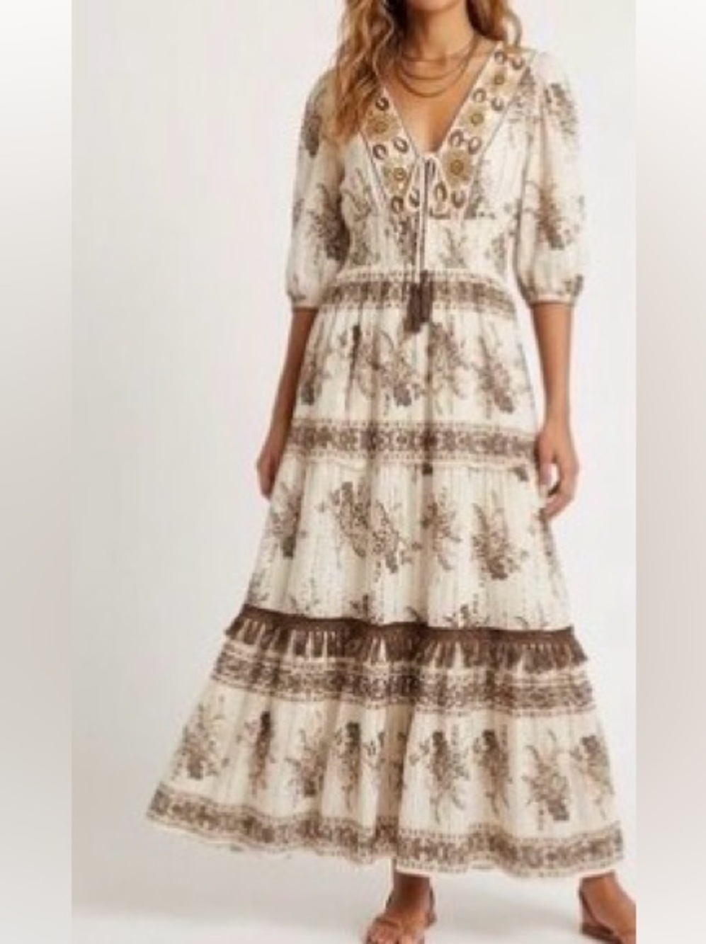 Boho White Maxi Dress with Brown Floral Print and Gold Embellished V-Neck